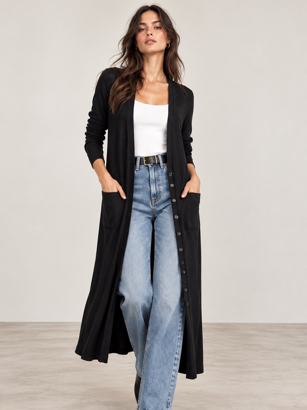 Zara Black Long Button-Front Women's Cardigan SZ S